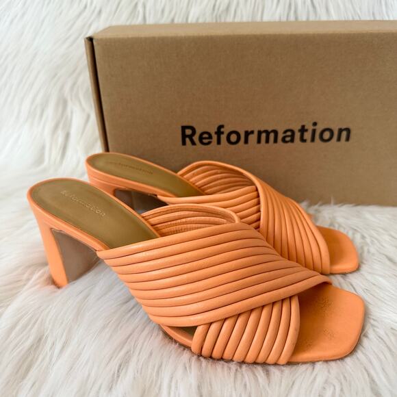 Reformation Shoes - REFORMATION Lila Tubular Heeled Leather Sandals Mules Square Toe Block Heels